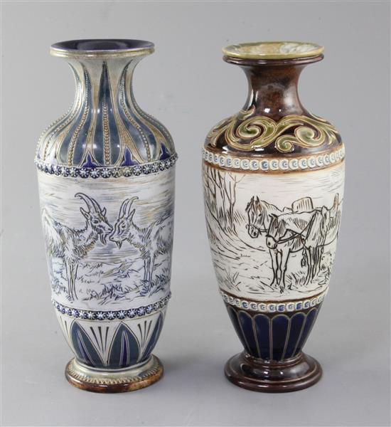Two Doulton Lambeth stoneware sgraffito vases, by Hannah and Florence Barlow, dated 1877 and c.1900, 22.5cm and 22cm